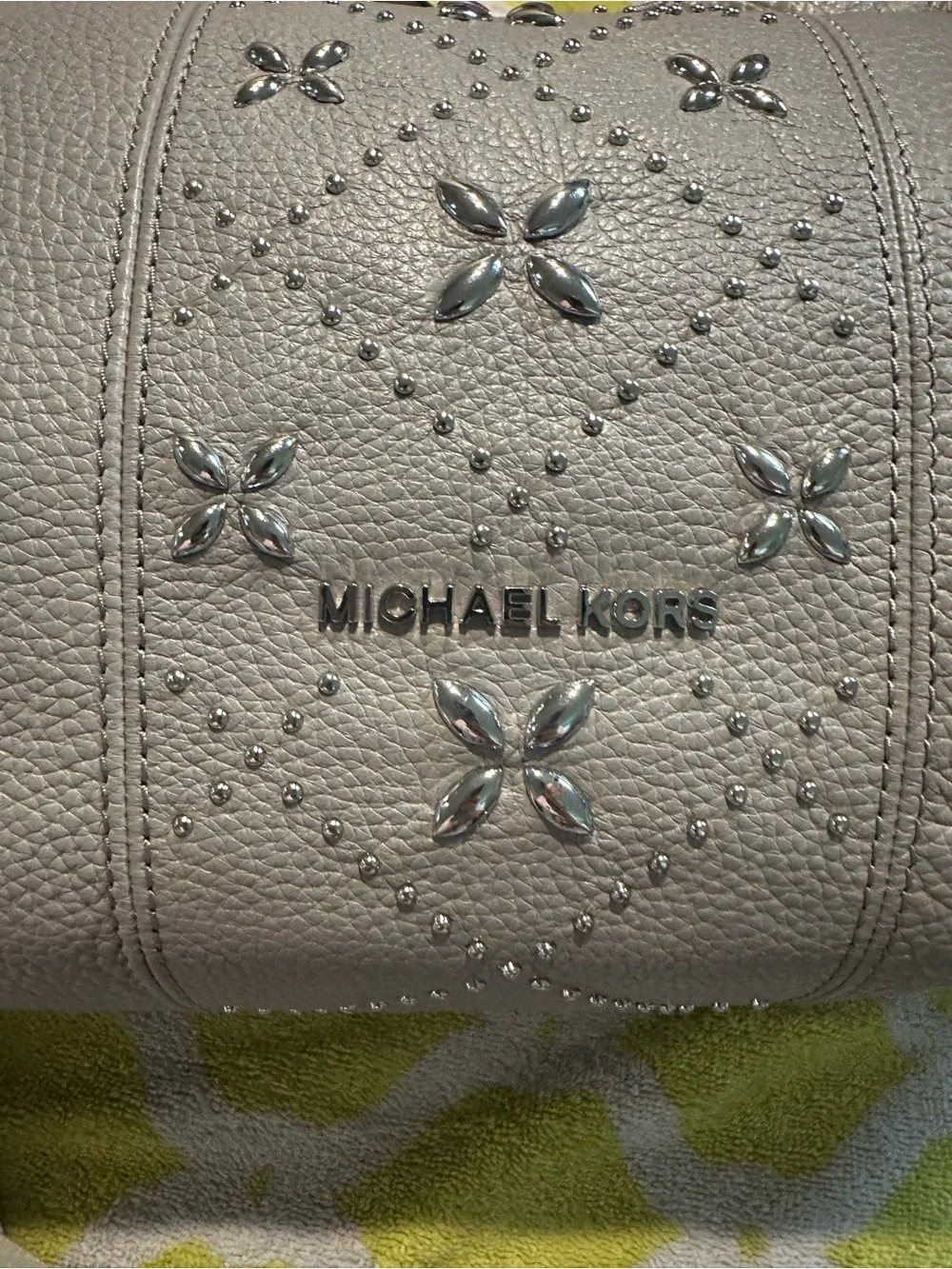 Michael Kors Light Taupe Leather Shoulder Bag with Studded Floral Accents